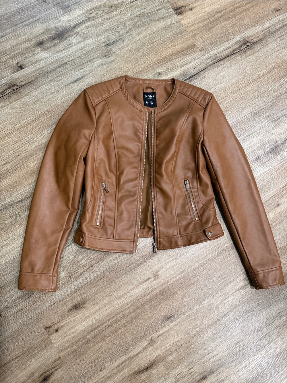 Vegan Leather Women's Brown Collarless Faux Leather Moto Jacket